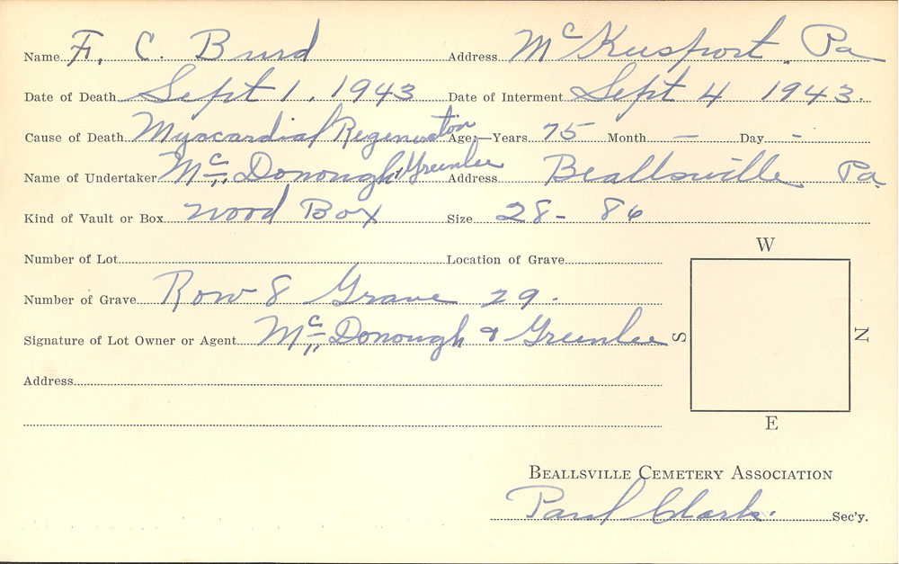 F. C. Burd Burial card